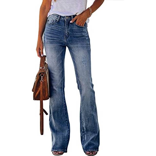 Koinshha Womens High Waisted Jeans Flare Stretch Boyfriend Casual Bootcut Denim Pants Blue