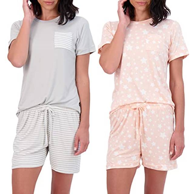 2 Pack: Womens Short Sleeve Tops Striped Pajama Sets Shorts Ladies Summer Soft 2 Piece Matching Cute Comfy Sleepwear Pajamas Adult Loungewear Bottoms