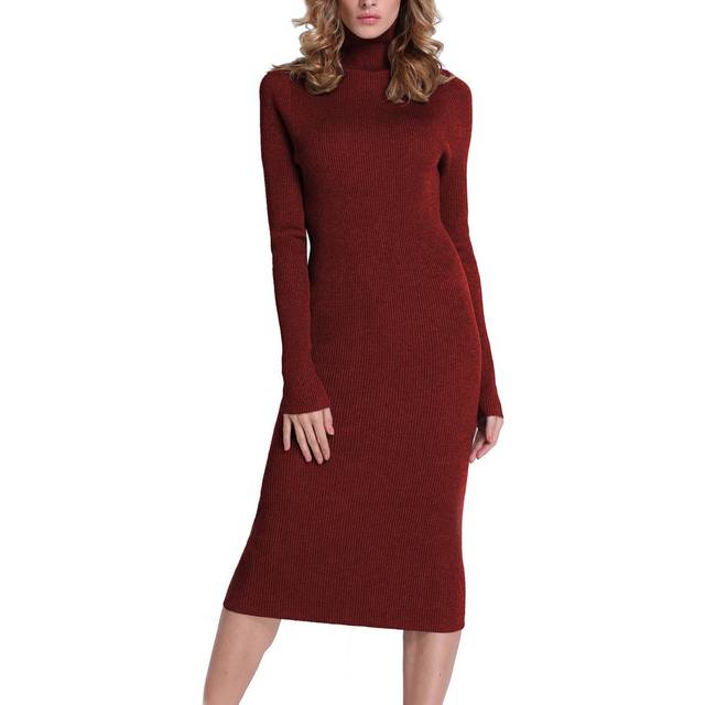 Rocorose Women's Turtleneck Ribbed Elbow Long Sleeve Knit Sweater Dres