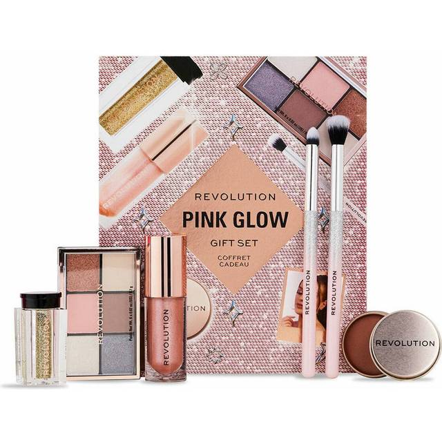 Revolution Beauty Pink Glow Get The Look Makeup Gift Set, 6-Piece Gift Set with Eye Brushes, Balm, Eyeshadow, Lip Shimmer, & Body Glitter,
