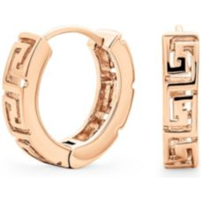 Greek Key Design Cutout Huggie Hoop Earrings for Women Rose Gold Sterling Polished  European Men, Plated, .925 Silver, Hinge, 0.65  Diameter