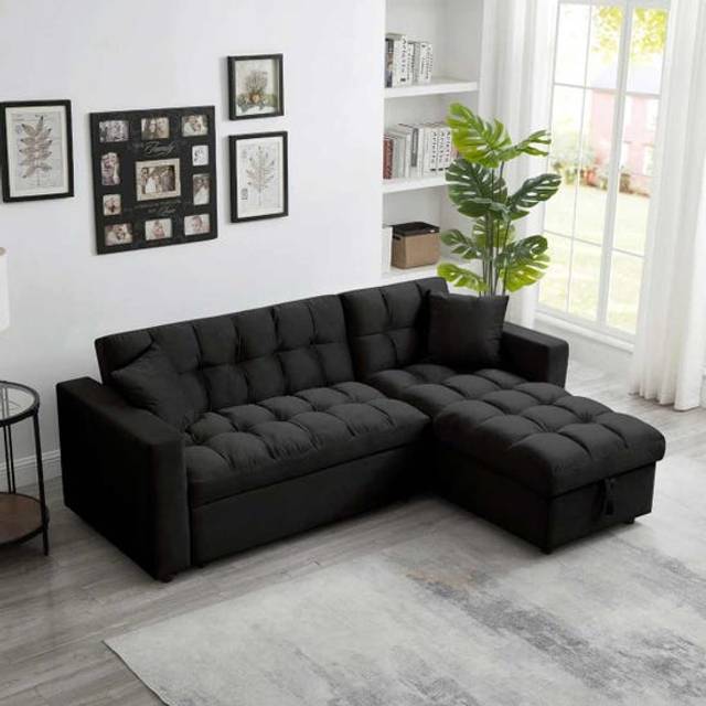 Luxury Life Madrid Velvet 3 Seater Pullout Sofa Bed In Black With Storage Compartment, Black