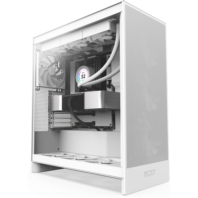 NZXT H7 Flow | Mid-Tower ATX luftflödeschassi | Stödjer 3 x 120 mm fläktar i botten för direkt GPU-kylning | Inkluderar 3 x 120 mm främre fläktar | 420 mm främre radiatorstöd | Kabelhantering | Vit