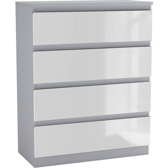 (Grey & White) 4 Drawer High Glossy Wooden Bedroom Chest Cabinet No Handle Drawer Storage
