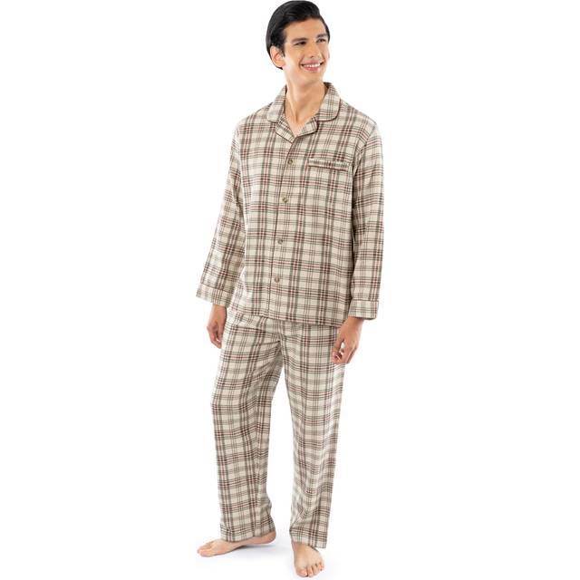 Fruit of the Loom Men's Flannel Pajama Sleep Set  Beige/Khaki Plaid