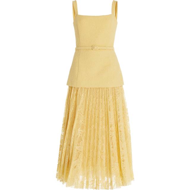 Square-Neck Tweed and Pleated Lace Midi Dress - BANANA - 4