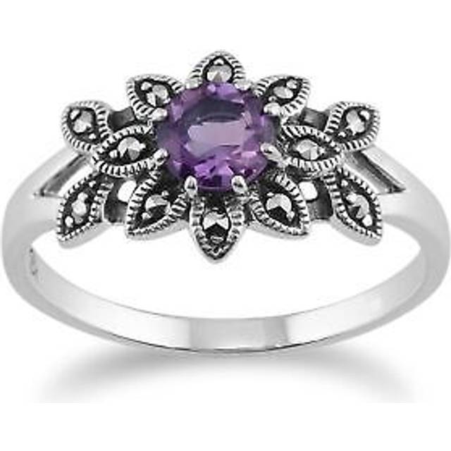 Art Nouveau Style Round Amethyst & Marcasite Floral Ring in 925 Sterling Silver