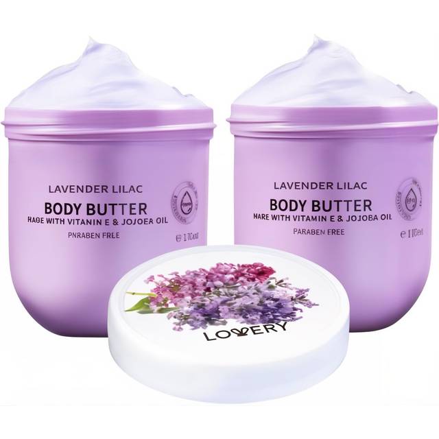 LOVERY Lavender Lilac Body Butter - Shea Cream with Jojoba Oil & Vitamin E - Hydrating Natural Moisturizer for Hands - 12 Fl Oz