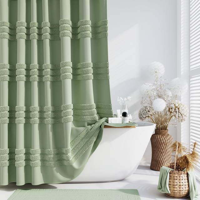 Dynamene 78 Inch Long Shower Curtain  Textured Tufted Chenille Striped Tall Fabric Shower Curtain for Bathroom  Large Hotel Spa Luxury Waterproof Clot
