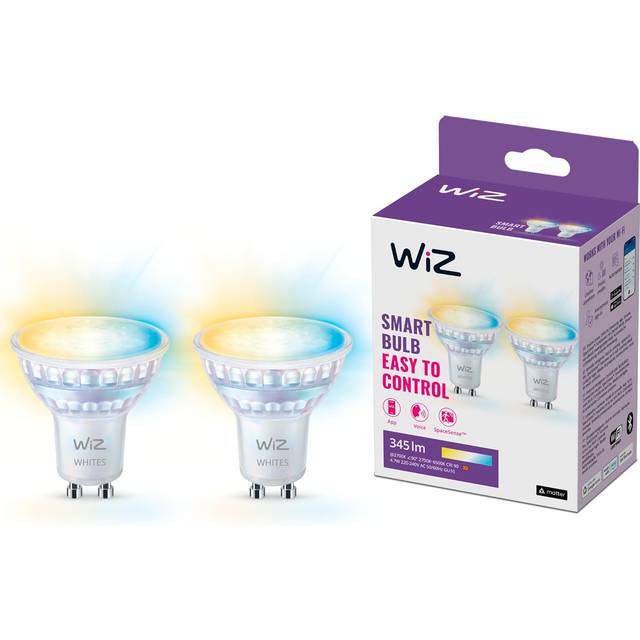 WiZ GU10 Smart LED glaslampa - 50W GU10 ersättare, klassisk stil med vita nyanser, Wi-Fi/Bluetooth, röst- / appstyrning, fungerar med Google Home, Alexa och HomeKit, 2-pack