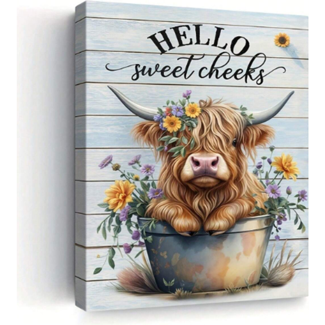 SHEIN 1pc Canvas Poster, Rustic Floral Highland Cow Painting, Canvas Wall Art, Artwork Wall Art For Gifts, Bedrooms, Offices, Living Rooms, Cafes, Bars, Wal