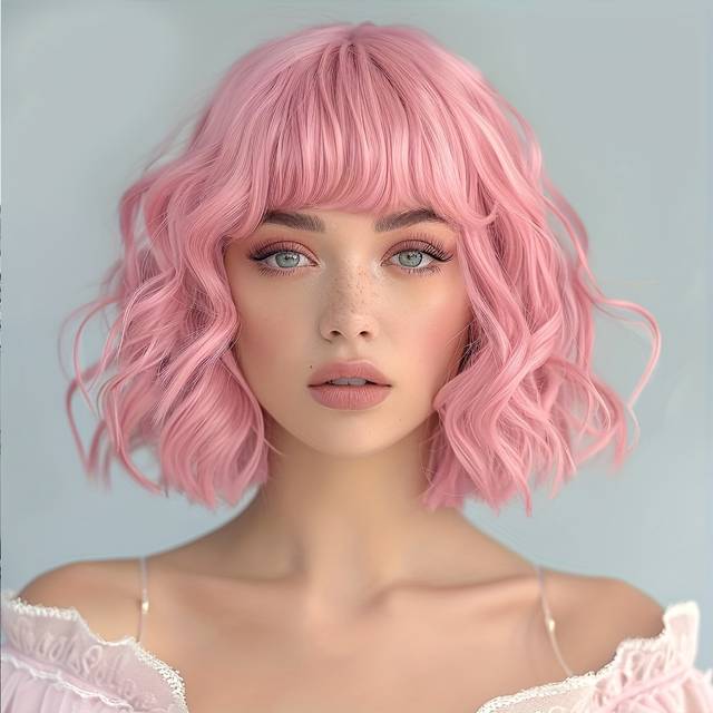 TEMU Festival Wig For Women, Short Pink Curly Hair With Bangs, Matte High-temperature Silk Cap.