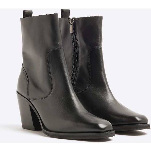 River Island Womens Black Leather Western Heeled Ankle Boots - 4