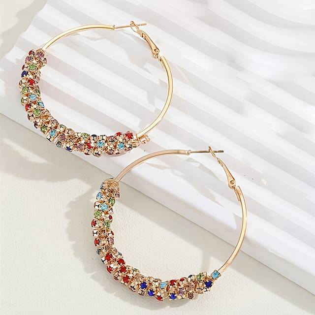 TEMU -chic Colorful Rhinestone Hoop Earrings - Vintage Alloy Design For Everyday & Party Wear
