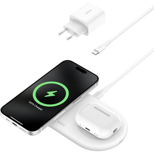 Belkin BoostCharge Pro 2-i-1 trådlös laddare med magnetisk Qi2 15 W, Trådlös snabbladdning av iPhone som är kompatibel med serierna iPhone 16, 15, 14, 13, 12, AirPods och enheter med MagSafe - Vit