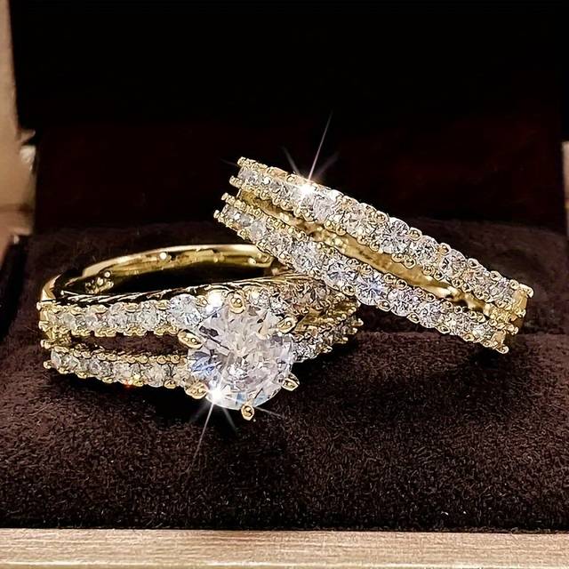 TEMU 2pcs Set, 18k Golden Plated Copper Rings, , Synthetic Cubic Zirconia, Bridal Wedding Engagement Rings For Women, Daily & Jewelry