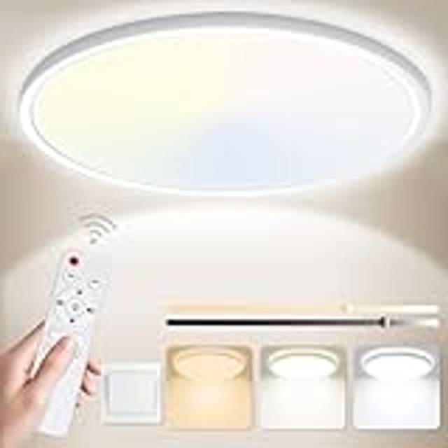 Yexati Bathroom Light 24W 3200LM 30cm Dimmable with Remote Control 6500K-3000K, IP54 LED Bathroom Light Ultra Thin Flush Ceiling Light Round for