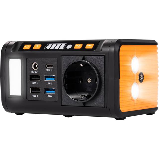 Technaxx mini Strömstation TX-205-74Wh Powerbank 230V med inbyggt uttag - Externt batteri för bärbar dator, mobiltelefon, minikylskåp etc., Kompatibel med solcellsladdare - LED-panel, lampa, 5x USB