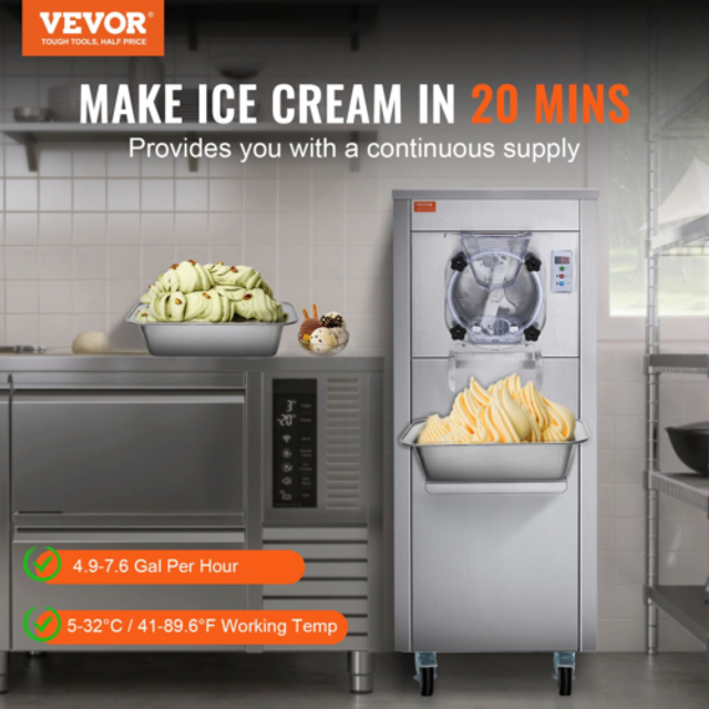 VEVOR Kommersiell glassmaskin, 18 l/h kapacitet, 1600 W glassmaskin för hård servering med en smak och hjul, 6 l cylinder i rostfritt stål, LED-panel med automatisk rengöring och förkylning, för restaurangknutpunkter