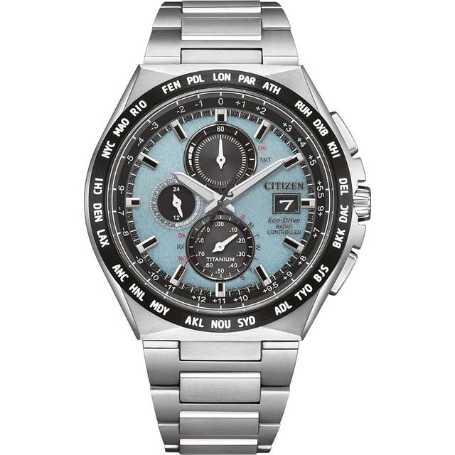 Citizen Eco-Drive Radio Controlled GMT Chronograph Super Titanium Light Blue Dial AT8238-84M 100M Men's Watch light blue