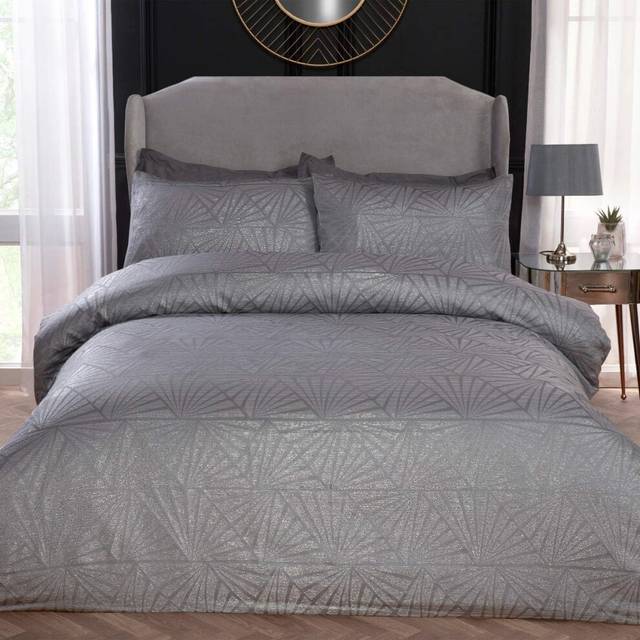 Luxury Hotel Quality Lurex Jacquard Geometric Deco Duvet Cover with Pillowcases - Natural - King