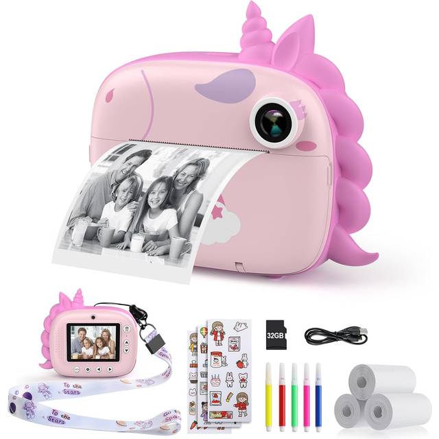 HiMont Kids Camera Instant Print, Digital Camera for Kids with No Ink Print Paper & 32G TF Card, Selfie Video Camera with Color Pens for DIY, Fun Gift