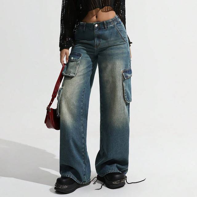 SHEIN Women&#39;s Retro Elastic Waist Cargo Pockets Low Waist Straight Leg Jeans Grunge Washed Distressed Low Rise Straight Leg Jeans