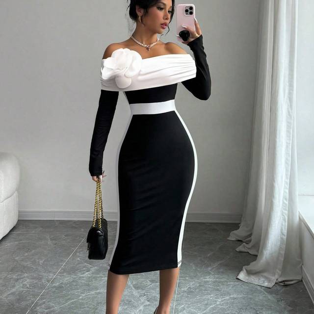 Gloray Women&#39;s Mid-Calf Length Black And White Splice Long Sleeve Casual Commute Dress, Suitable For Graduation, Mature Women