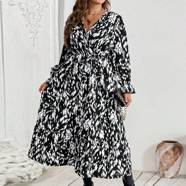 SHEIN 1pc Women Plus Size Elegant Tie-Dye Print Ruffled Hem Long Sleeve Dress, Suitable For Autumn