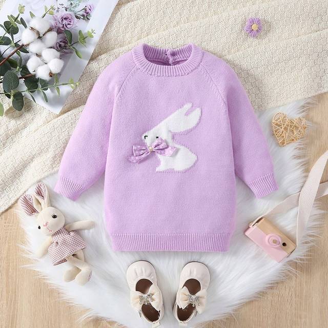 SHEIN Baby Girls Pink Jacquard Long Sleeve Sweater Dresses, Cute Casual Wear For Autumn/Winter