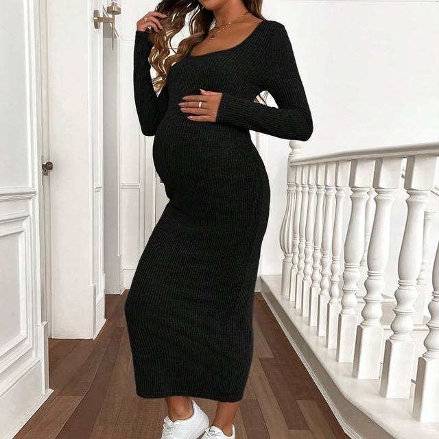 SHEIN Maternity Casual Solid Color Slim Fit Long Dress, Autumn/Winter