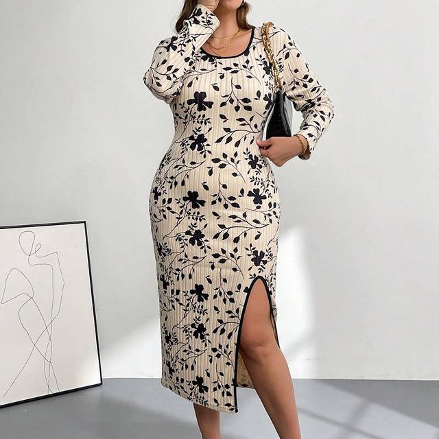 Lishly Plus Size Ribbed Tie-Dye Square Neck Split Hem Dress