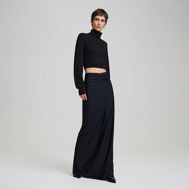 Ontre Black Maxi Ruched Skirt, New Year French Style Skirt, Festive Apparel, Black All-Match Versatile Maxi Knit Skirt, Tall Women Skirt, Women Ruched Skirt