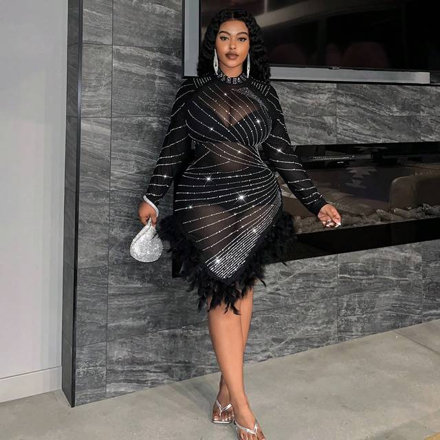 Slaydiva Luxury Sexy Party Plus Size Women&#39;s Rhinestone & Feather Splice High Slit Bodycon Mini Dress