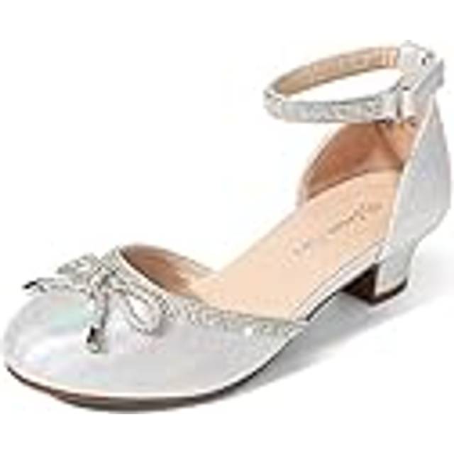DREAM PAIRS Girls Dress Shoes Closed Toe Low Heels Ankle Strap Pumps for Toddler Little Big Kid Flower Party Wedding Princess Size 4 Big Kid Silver-Gl