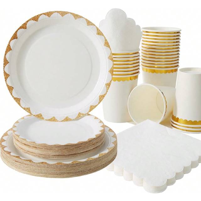 SHEIN White & Gold Trim Disposable Plate, Napkin And Cup Set, Suitable For 25 Guests, One-Time Use Paper Plates Party Supplies Fit For Birthday Wedding Part
