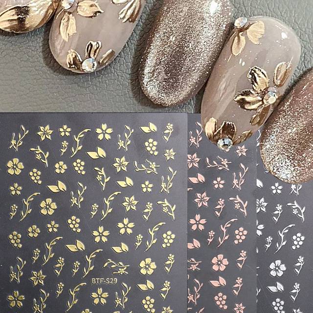 SHEIN 3pcs Flowers Nail Art Stickers Gold Rosegold White Spring Summer Simple Florals Petals Leaf Self Adhesive Decorations Nail Decals For Nail Tips Friend
