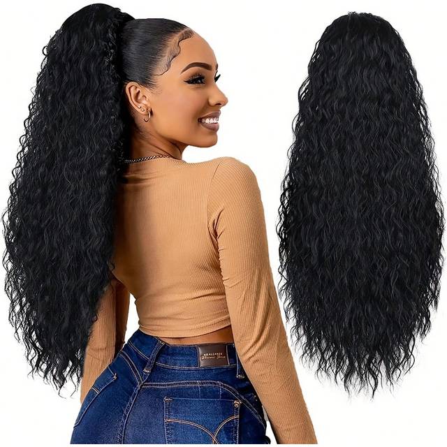 SHEIN Long Curly Drawstring Ponytail For Women, 22&#34; Black Curly Ponytail Hair Extension, Synthetic Clips In Drawstring Ponytail For Daily Use (Black)
