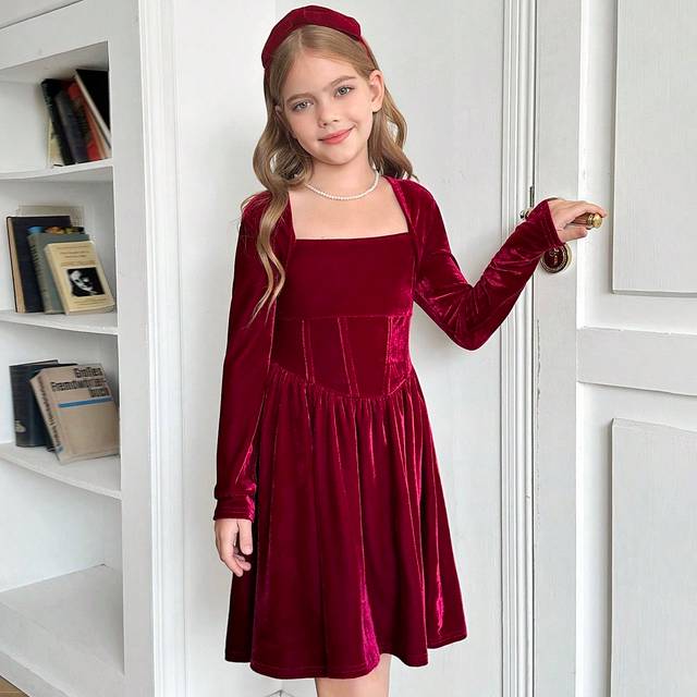 SHEIN Tween Girls Elegant Solid Red Square-Neck Long Sleeve Velvet A-Line Dress