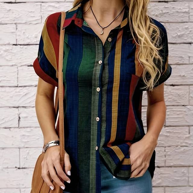 TEMU Striped Print Button Front Blouse, Vintage Short Sleeve Blouse For , Women's Clothing