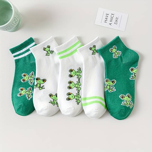 TEMU 5 Pairs Cute Cartoon Frog Pattern Ankle Socks, Comfy & Breathable Short Socks, Women's Stockings & Hosiery