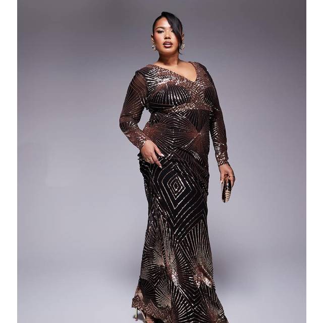 Plus Starburst Sequin Maxi Dress - Rose Gold by Goddiva Plus - 18