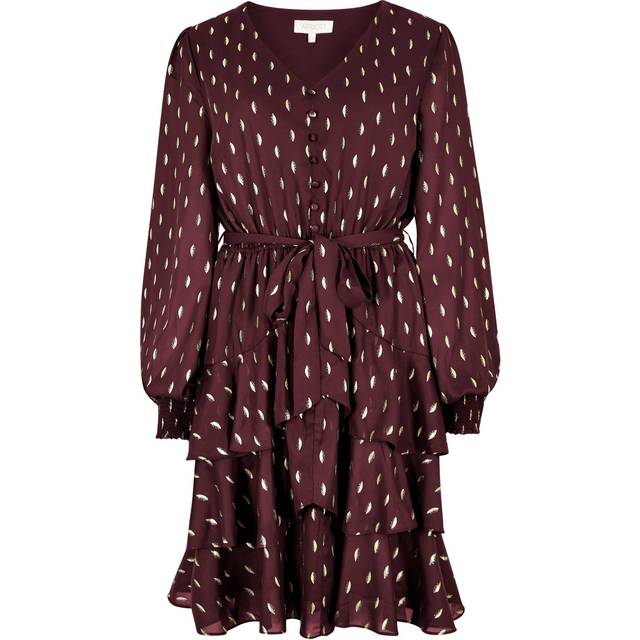 Apricot Women's Burgundy Foil Dot Layered Long Sleeve Mini Dress New Look - UK 14