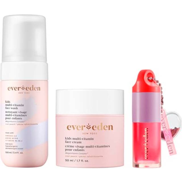 Evereden Happy Kids Skin & Lips Routine - Multi-Vitamin Kids Face Wash & Kids Face Cream & Tinted Lip Oil Set - Clean & Vegan Skin Care for Kids 3+ -