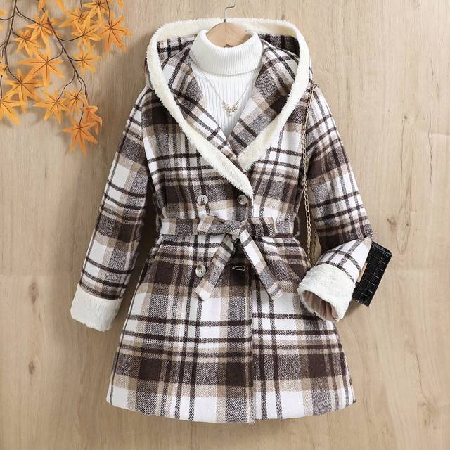 SHEIN Tween Girl 1pc Plaid Print Double Breasted Hooded Belted Overcoat