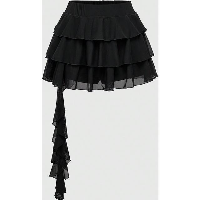 ROMWE Y2K Harajuku Style Solid Color Multi-Layer Asymmetrical Hem A-Line Skirt For Women