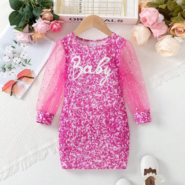 SHEIN 1pc Young Girl Casual Crew Neck Faux Pearl Beaded & Mesh Print Long Sleeve Dress
