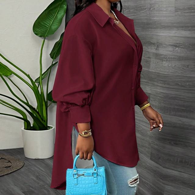 Slaydiva Loose Solid Red Lantern Sleeve Curved Hem Longline Shirt Dress, Elegant & Commute & Party & Casual Wear, Plus Size, Spring Autumn