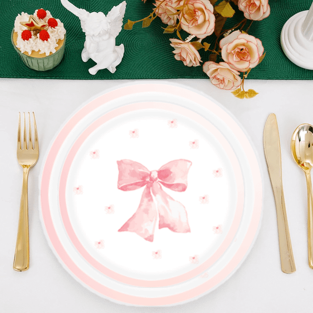 SHEIN 7/9 Inch Pink Bow Cartoon Pattern Disposable Paper Plate, Princess Themed Disposable Plates Suitable For Wedding, Birthday, Picnic, Christmas Party