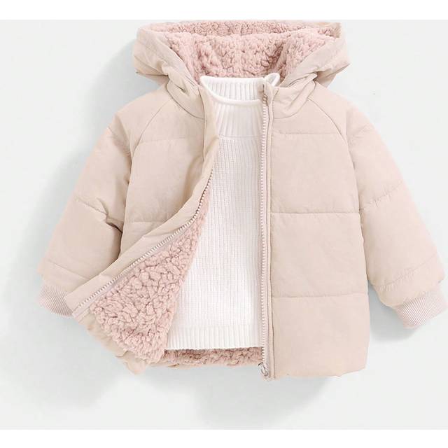 SHEIN Toddler Infant Baby Girls Casual Cinched Waist Bow Decor Pocket Teddy Lining Lightweight Long Sleeve Zip Up Padded Hooded Jacket, WinterÂCoat,6M-3T